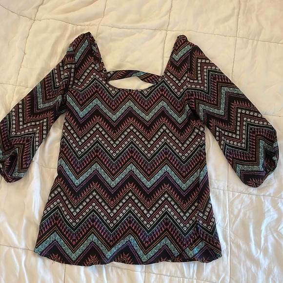 Chemisier Vintage En Soie Imprimé Zigzag - Taille 2 (petite), Marron, Occasion Très Bon état, Hong Kong